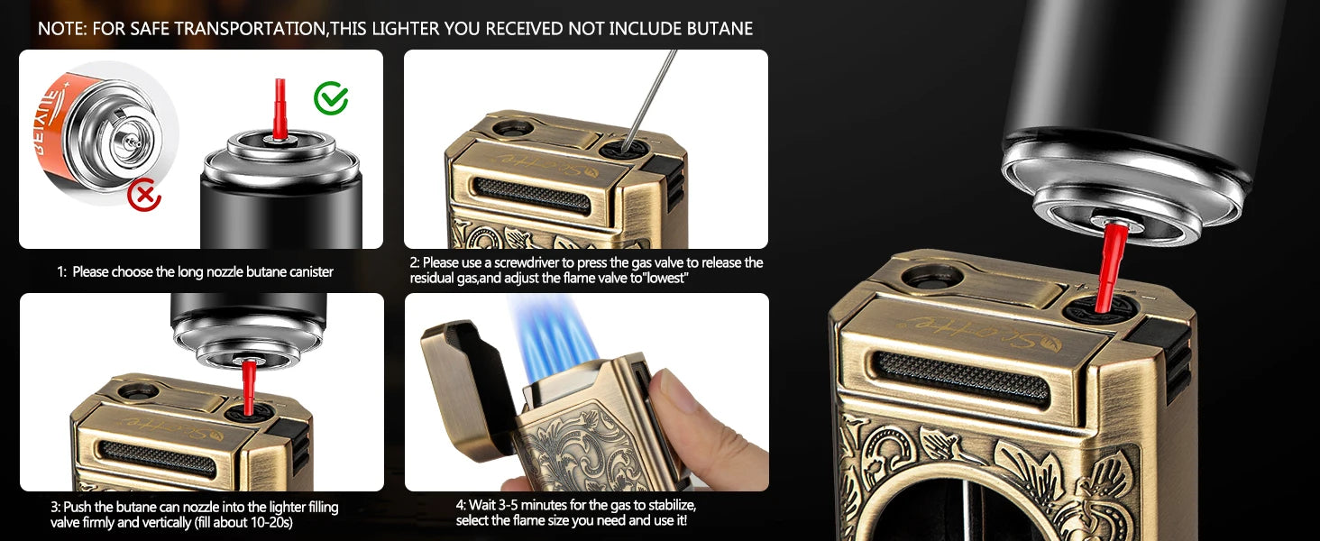 Cigar Lighter 4 Jet Flame, Refillable Butane Lighter with Cigar Cutter V Cut Cigar Punch Cigar Holder Cigar Draw Enhancer