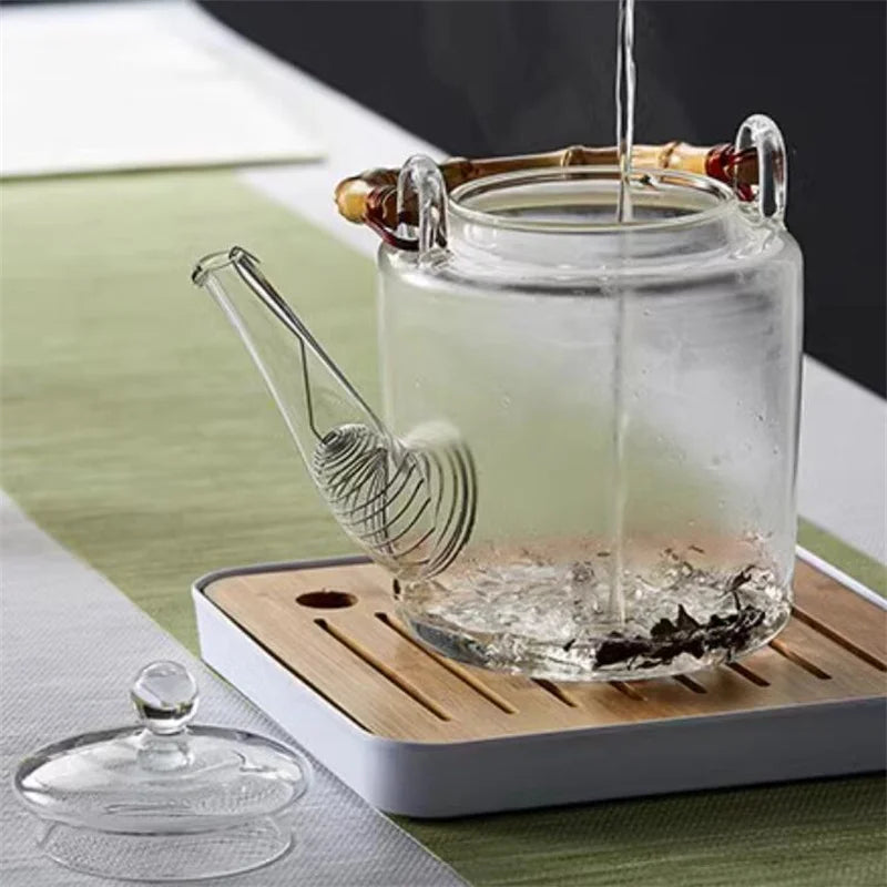1350ml Bamboo Handle Beam Tea Pot Heat Resistant Glass Teapot With Filter Flower Tea Kettle Kungfu Lifting Beam Tea Pot Teaware