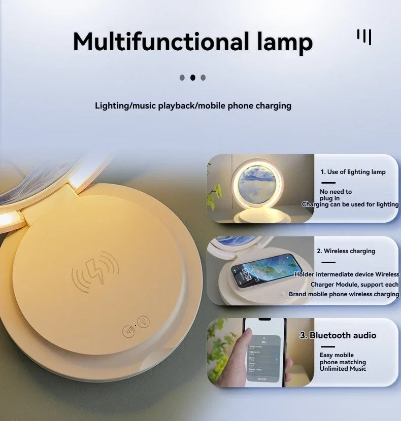three in one folding sand painting bedside table lamp multifunctional wireles charging Bluetooth sound system music