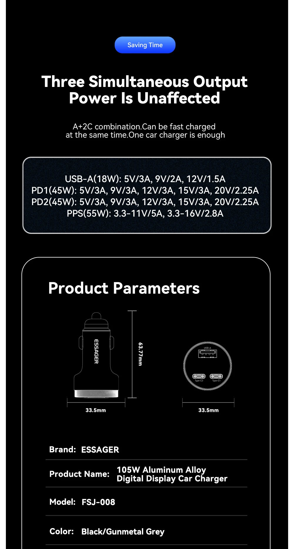 105W USB C Car Charger 3 Port PD 3.0 QC 4.0 Fast Charging GaN Adapter with Digital Display