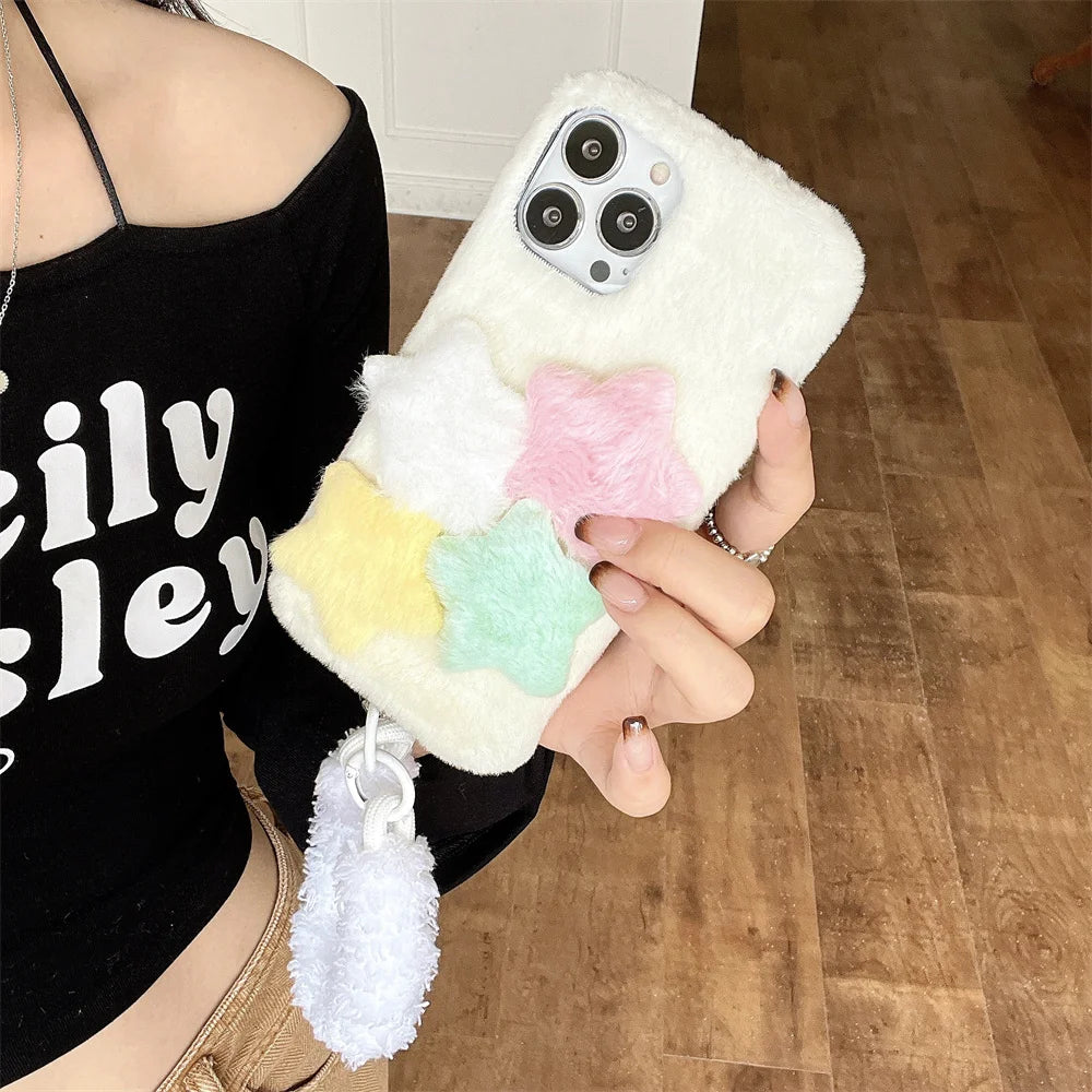 INS Cute Furry Star Strap Phone Case For iPhone 16 15 13 14 Pro Max Plus Lovely Lanyard Soft Aesthetic Silicone Back Cover