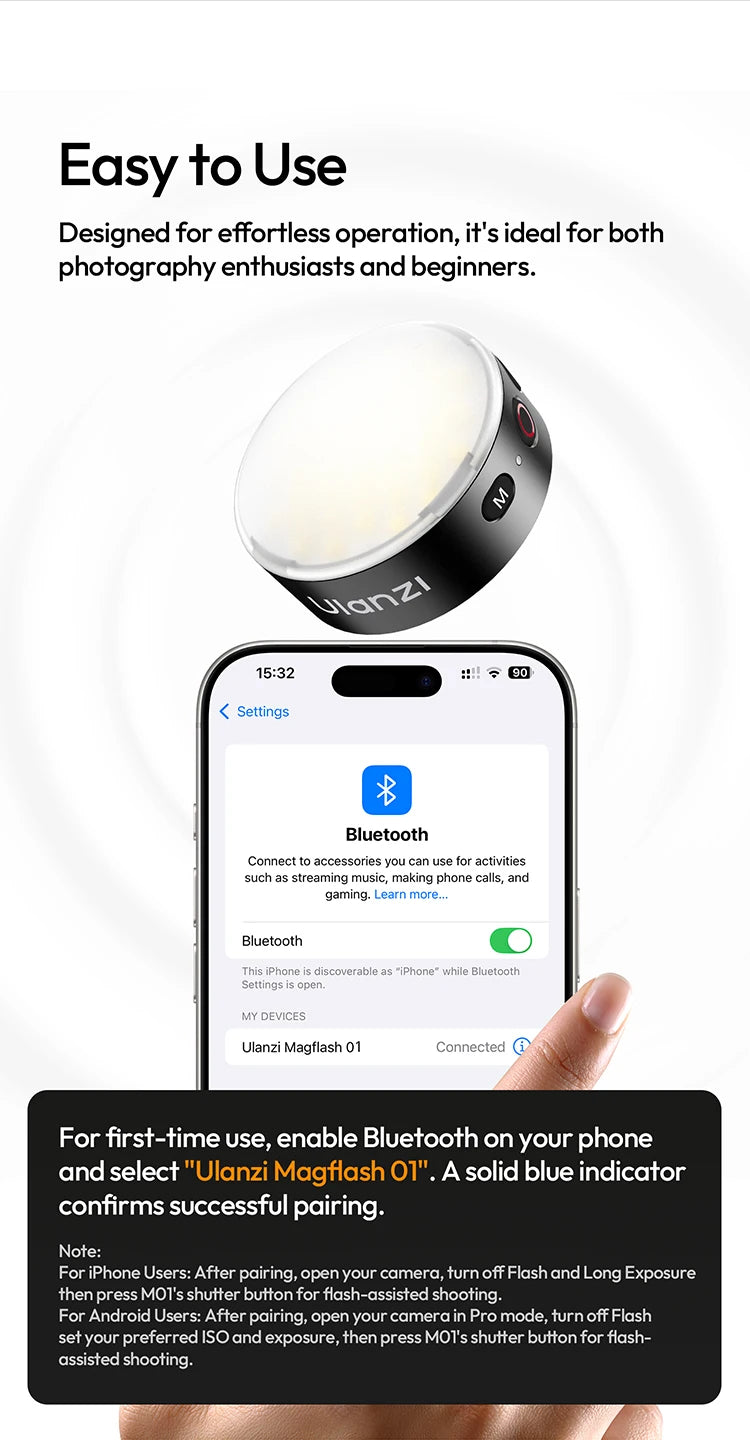 MFL01 Mini Magnetic Portable Phone Flash – 2500-8500K Bi-Color Dimmable Fill Light for iPhone & Android Vlog