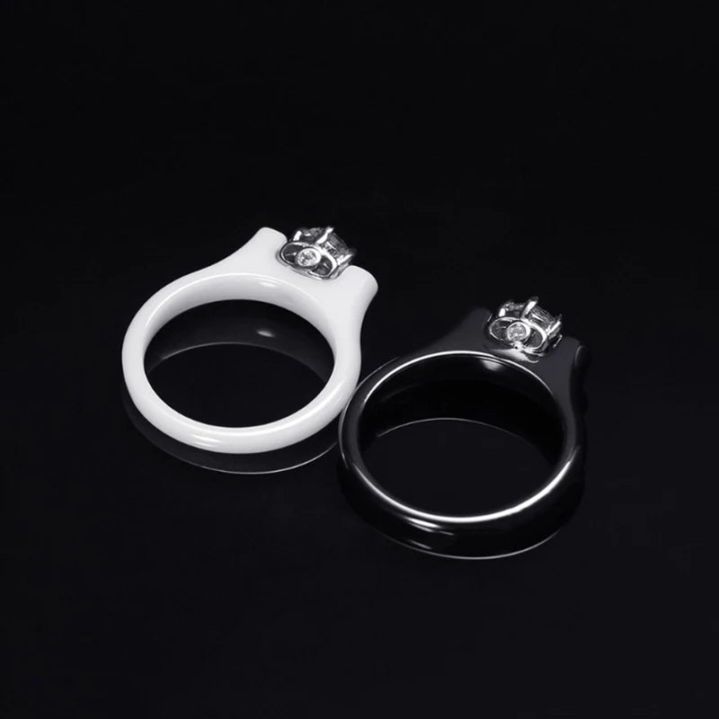 Shinny Cubic Zirconia Ceramic Ring For Women Black/White Color Engagement Wedding Couple Rings