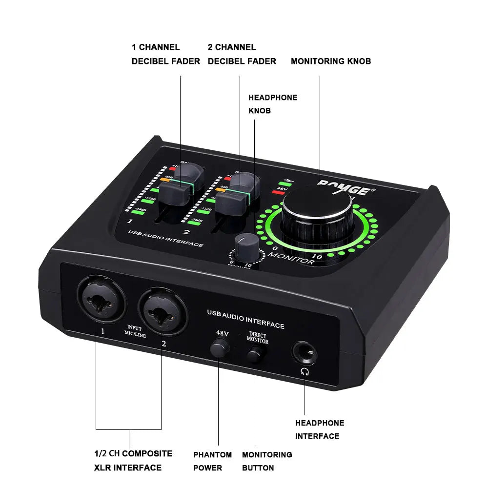 Mini 2 Channel USB Audio Interface with 48V Phantom Power for Recording and Streaming
