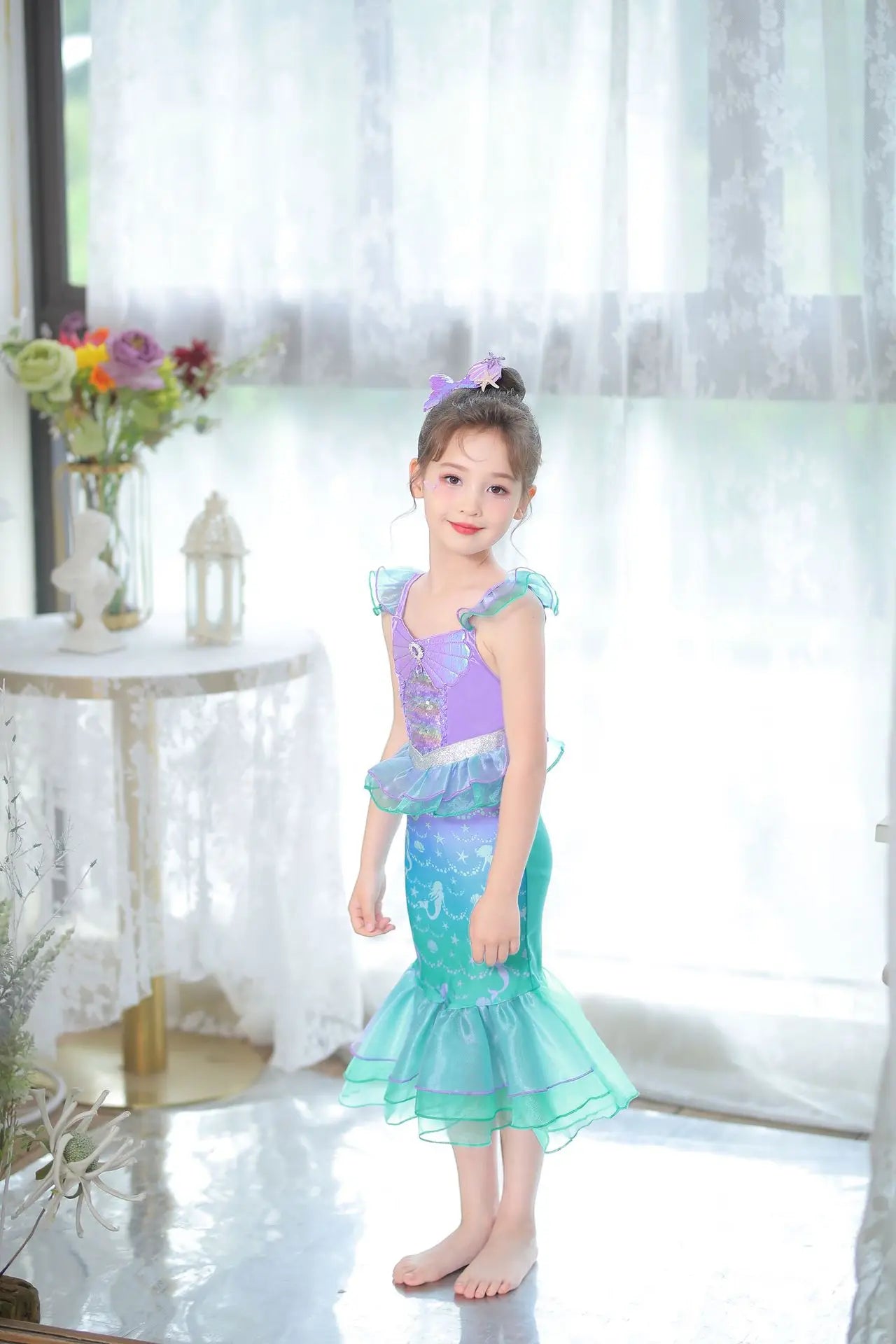 Mermaid Princess Dress for Girls - Summer flutter sleeves Sequin Tulle Dress Sparkling Ocean Themed Party Gown