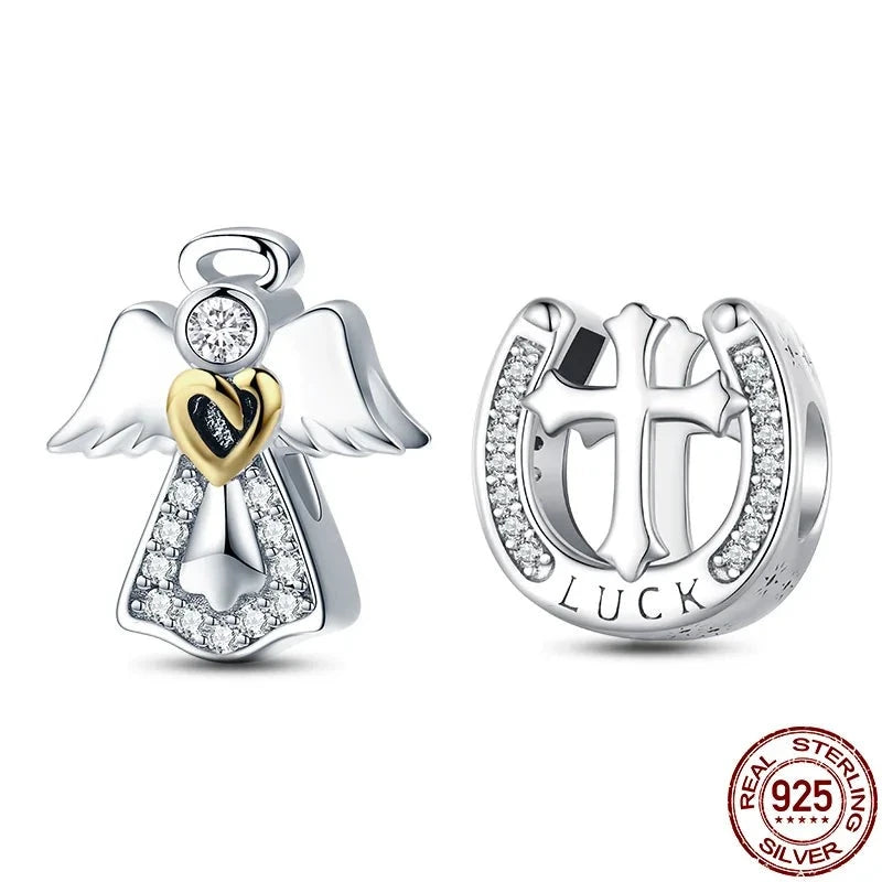 925 Sterling Silver Cross Charm Guardian Angel Pendant Lucky Horseshoe Beads