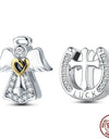 925 Sterling Silver Cross Charm Guardian Angel Pendant Lucky Horseshoe Beads