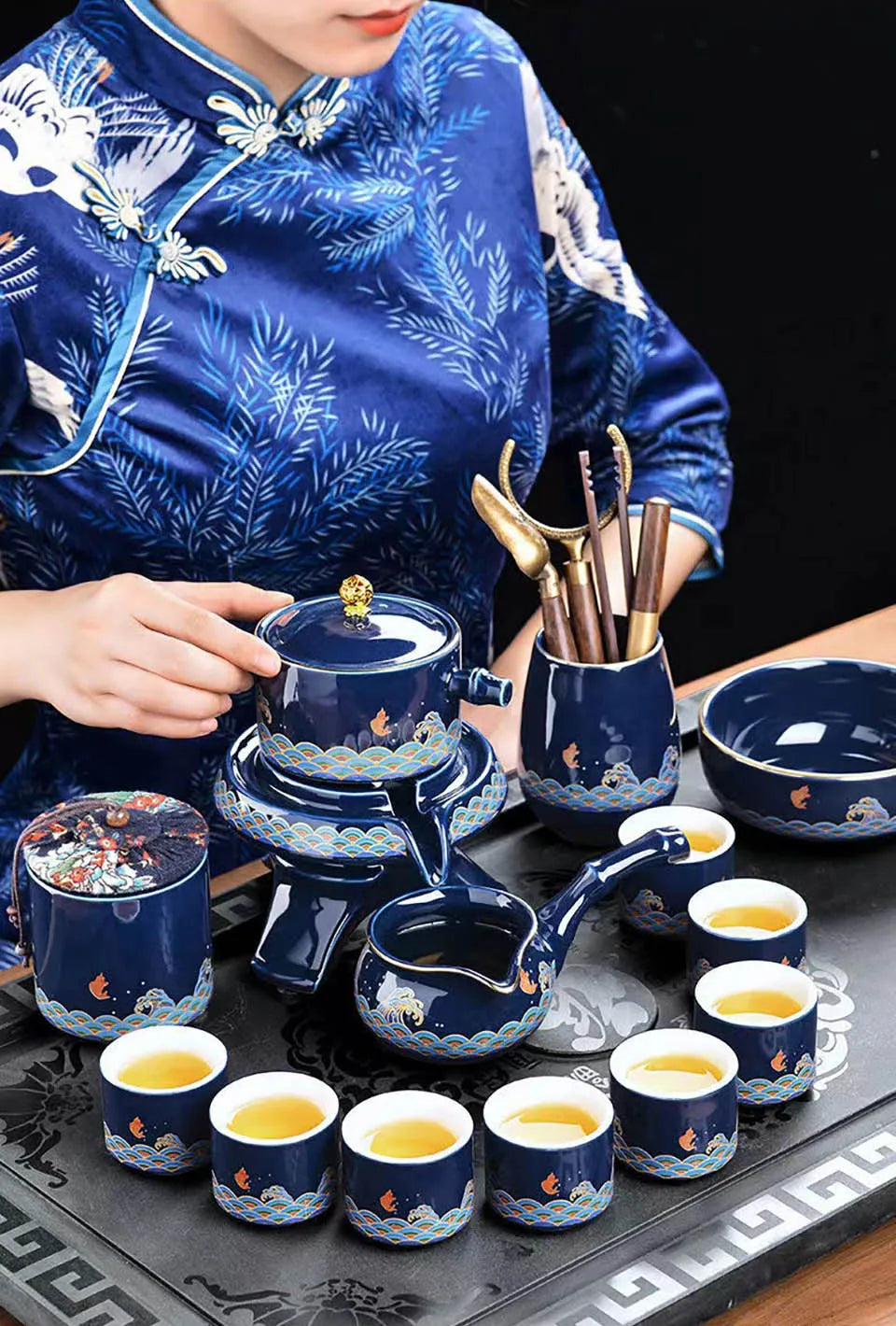 8 Pcs Ceramic Travel Tea Sets Automatic Water Diversion Rotating Suction Teapot Gawain Porcelain Kung Fu Teapot Set