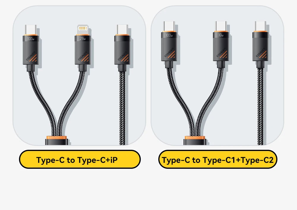 2-in-1 USB-C to USB-C + Lightning PD 100W Fast Charging Cable