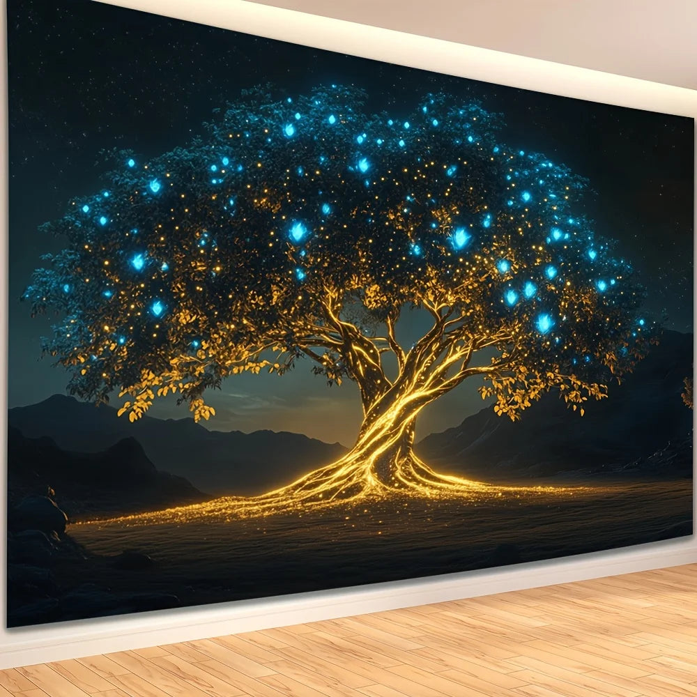Enchanted Tree Tapestry Firefly Starry Sky Bedroom Meditation Space Natural Style Living Room Decor