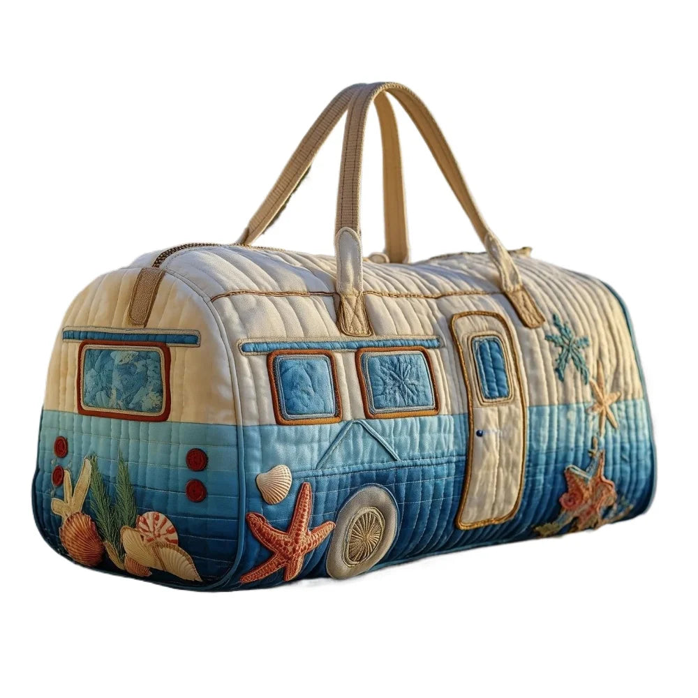 3D Printed Quilted Travel Handbag Camper Van Design with Sea Shell Starfish Lightweight Weekender Vacation Carry-On Duffel Bag
