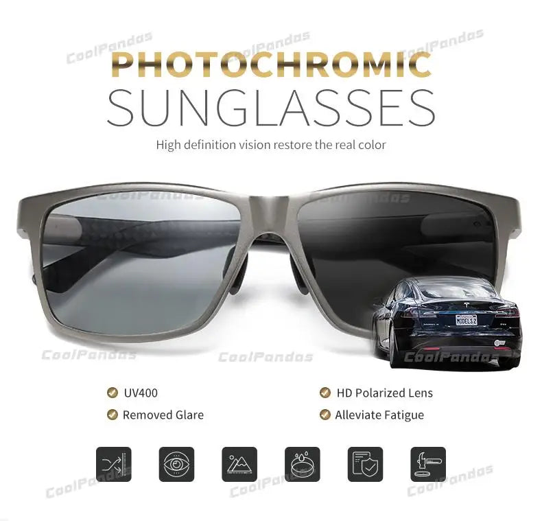 Carbon Fiber Square Photochromic Polarized UV400 Day Night Driving Sunglasses for Men Women