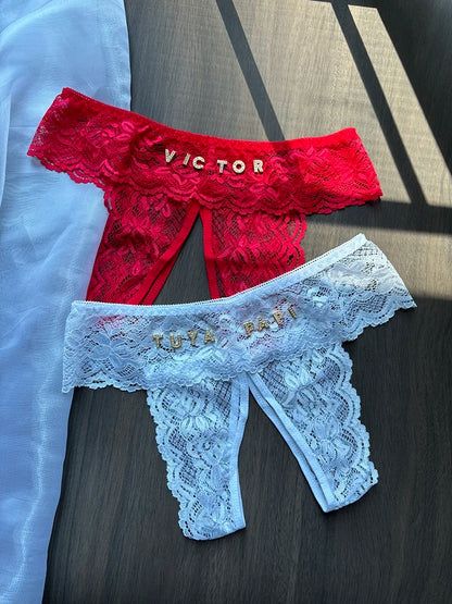 Plus Size Thongs Custom Name Lace Panties Open Crotch Temptation Erotic Customized Personalize Crystal Letter G-String Women