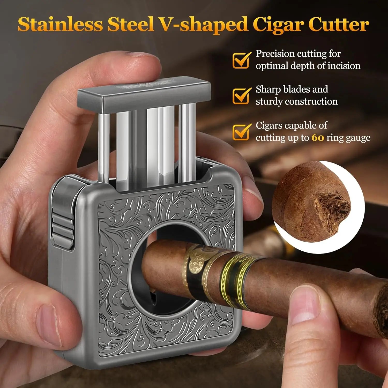 Cigar Cutter,4 in 1 Multifunction V Cut Cutter with Cigar Punch,Cigar Holder & Twin Nubber,Suitable for Max 60 Ring Gauge Cigars