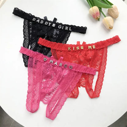 Customized Crystal Name Letters Women's Breathable Lace Underwear Low Waisted Opening Thong Bikini Erotic G-String Panties