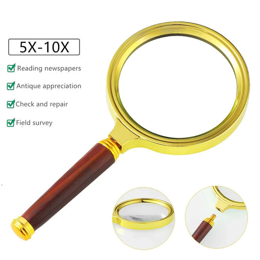 5X 10X Antique Handheld Magnifying Glass Mahogany Handle