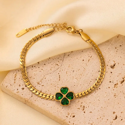 Trendy Green Clover Zircon Necklace Bracelet Earrings For Women Girls Gold Plated Waterproof Neck Chain 45 cm