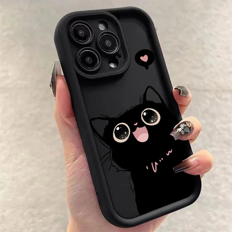 Lovely Black Cat Silicone Case For iPhone 17 16 15 14 Pro Max 16E 16 Plus 17Air Shockproof Back Covers