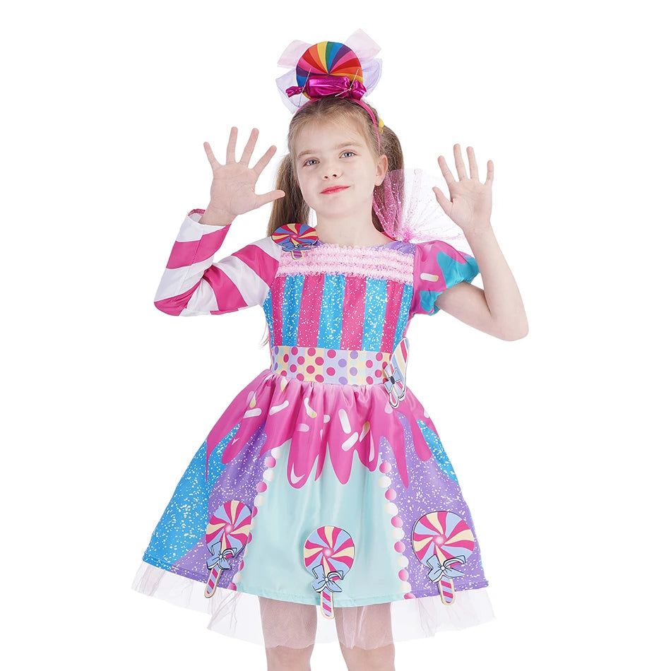 Girls Purim Festival Lollipop Costume Children Puff Sleeve Candy Costume Kids Sweet Lollipop Print Birthday Party Dresses