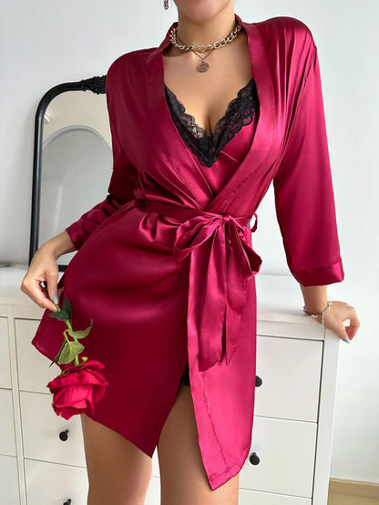 Solid Satin Pajama Set Long Sleeve Robe With Belt & Contrast Lace V Neck Slip Dress Women's Sleepwear