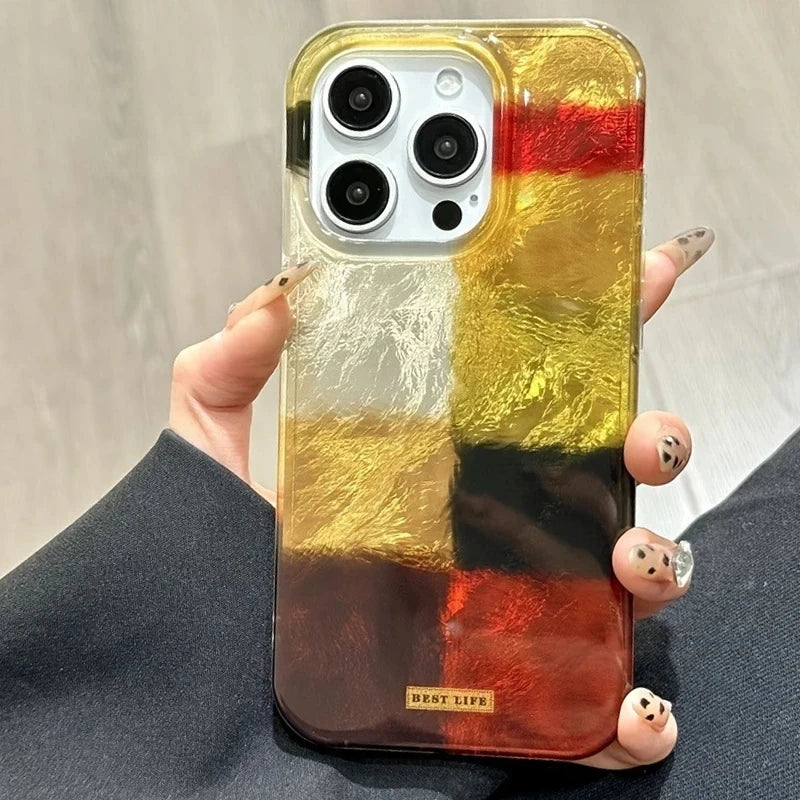 Dopamine Color Block Match Plaid Phone Case For iPhone 17 16 15 14 16E Grid Label Matte Cover