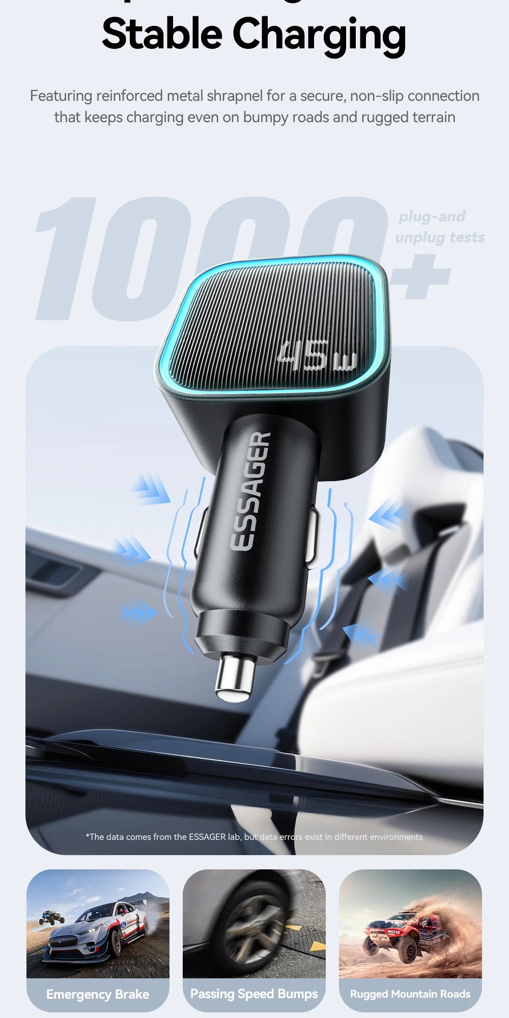 45W Car Charger with 75CM Retractable Cable PD Fast Charging USB C & USB A 3 Port Adapter