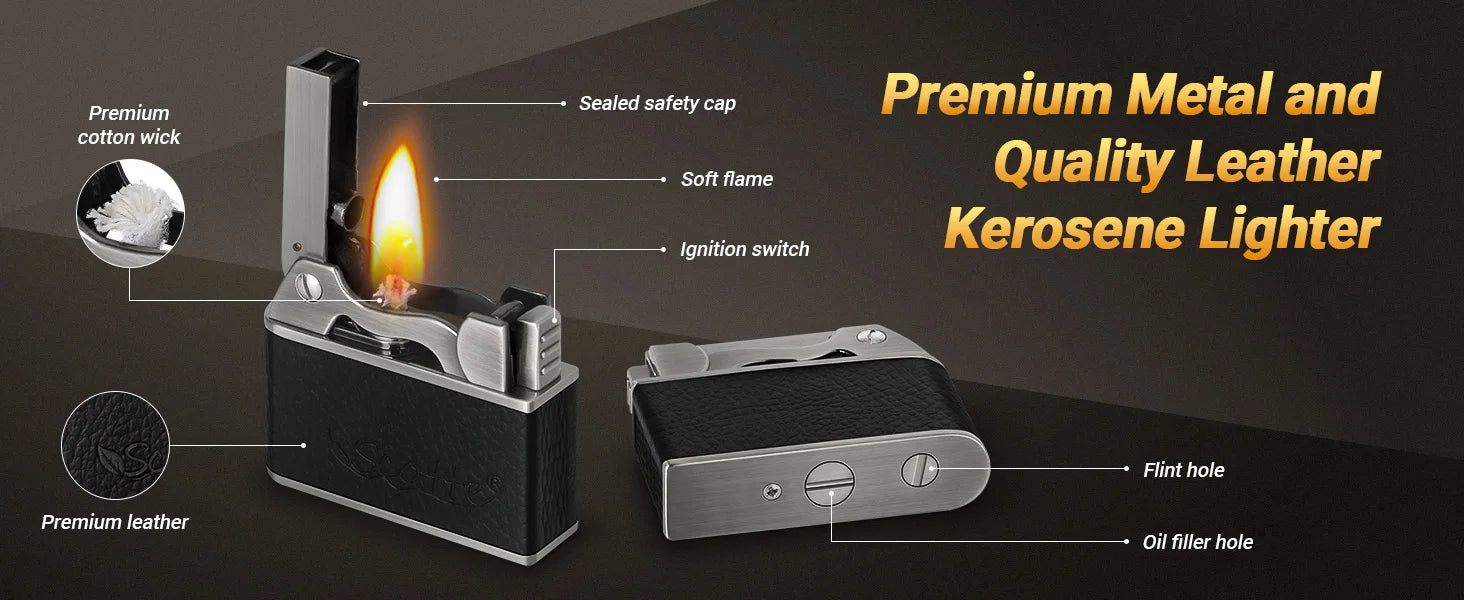 Vintage Kerosene Lighter, Windproof Soft Flame, Metal and Leather Trench Lighter, Fluid Refillable Pocket Lighters