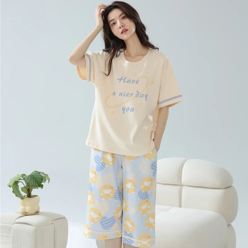 2-Pcs Women’s Cotton Pajama Set – Breathable Short Sleeve Summer Sleepwear with Cute Prints