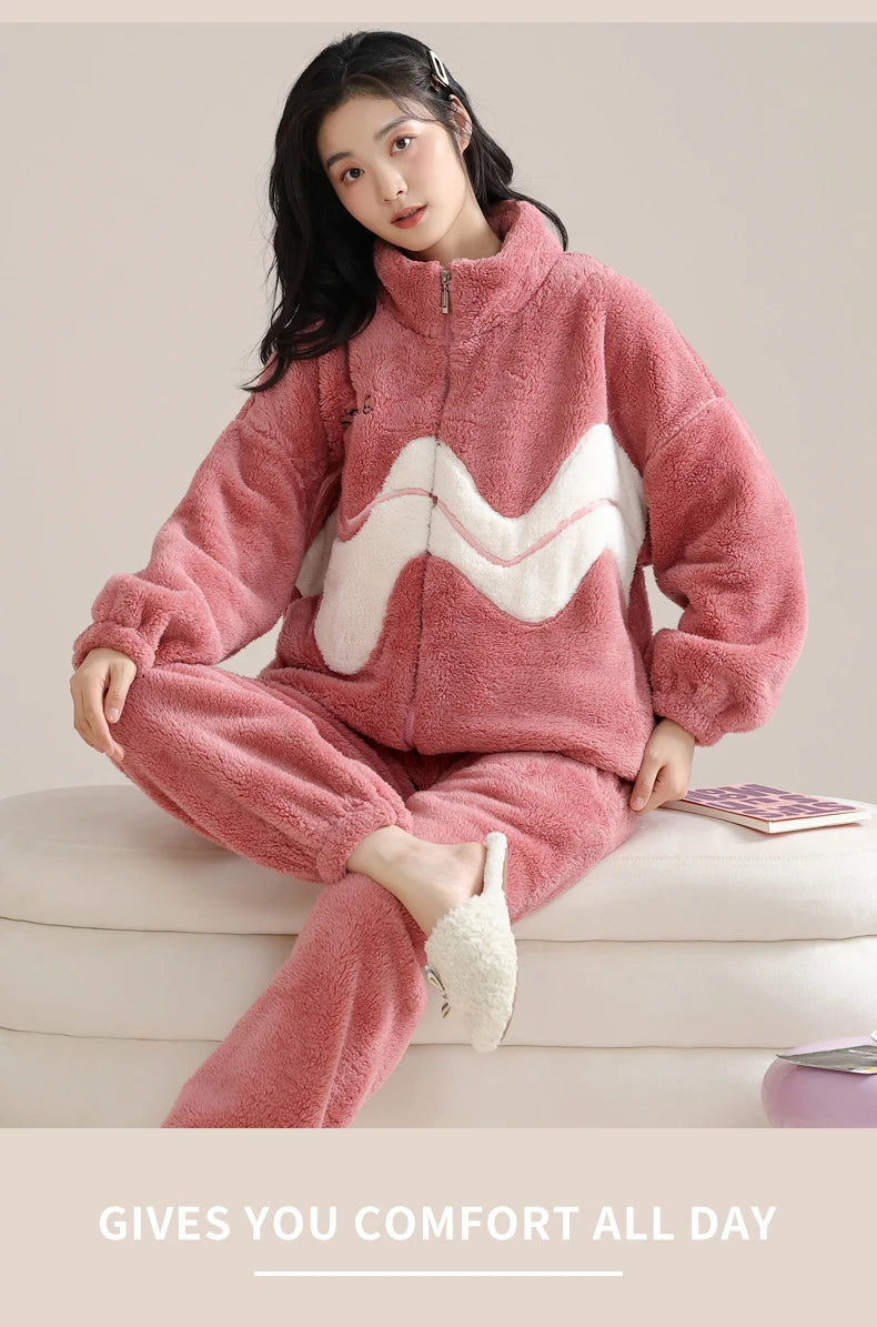 Women’s Christmas Fleece Pajama Set – Warm Flannel Zipper Sleepwear, Thick Coral Velvet