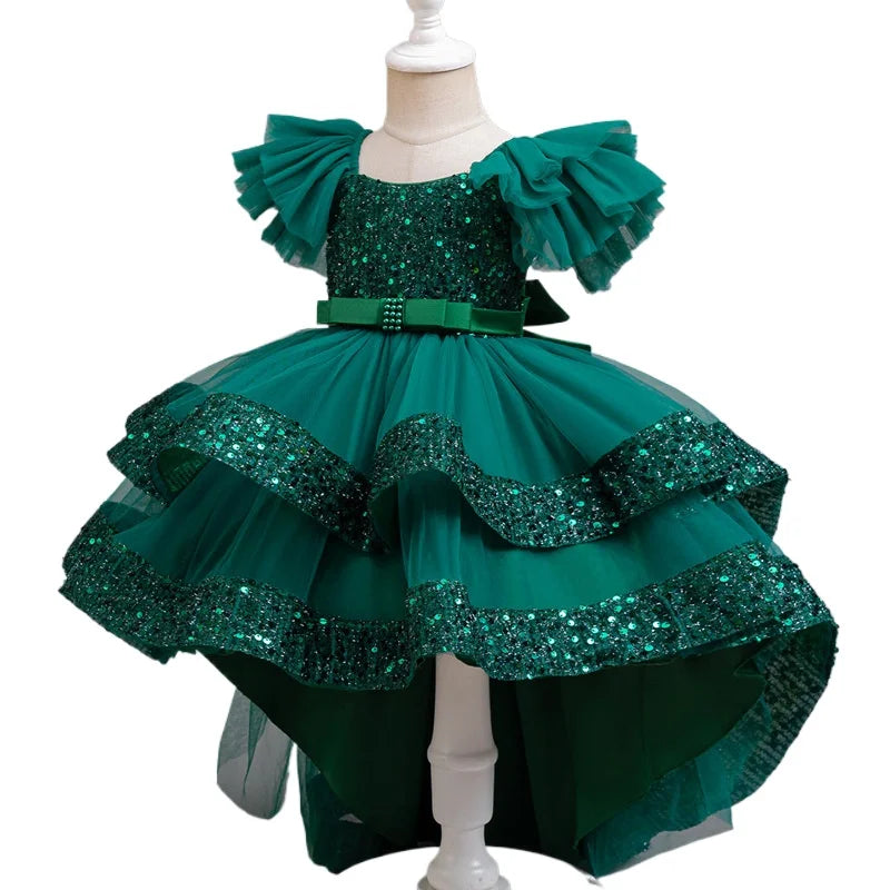 Sparkling Girls' Evening Gown - Sequin Dress with Train for Birthday Party & Piano Recital