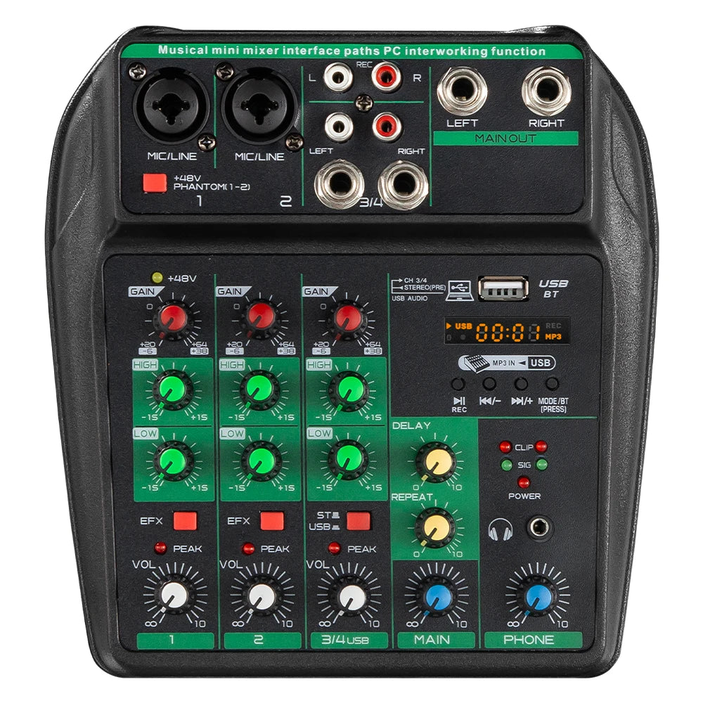 A4 4 Channel Portable Professional Audio Mixer with Bluetooth 48V Phantom,Monitoring Function for DJ Karaoke PC MP3 microphone