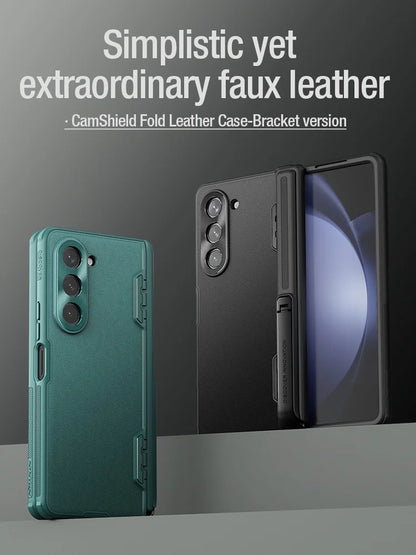 Luxury Cam Shield Fold Leather Case For Samsung Galaxy Z Fold 5 5G Alloy Slider Shockproof Back Cover（Bracket version）