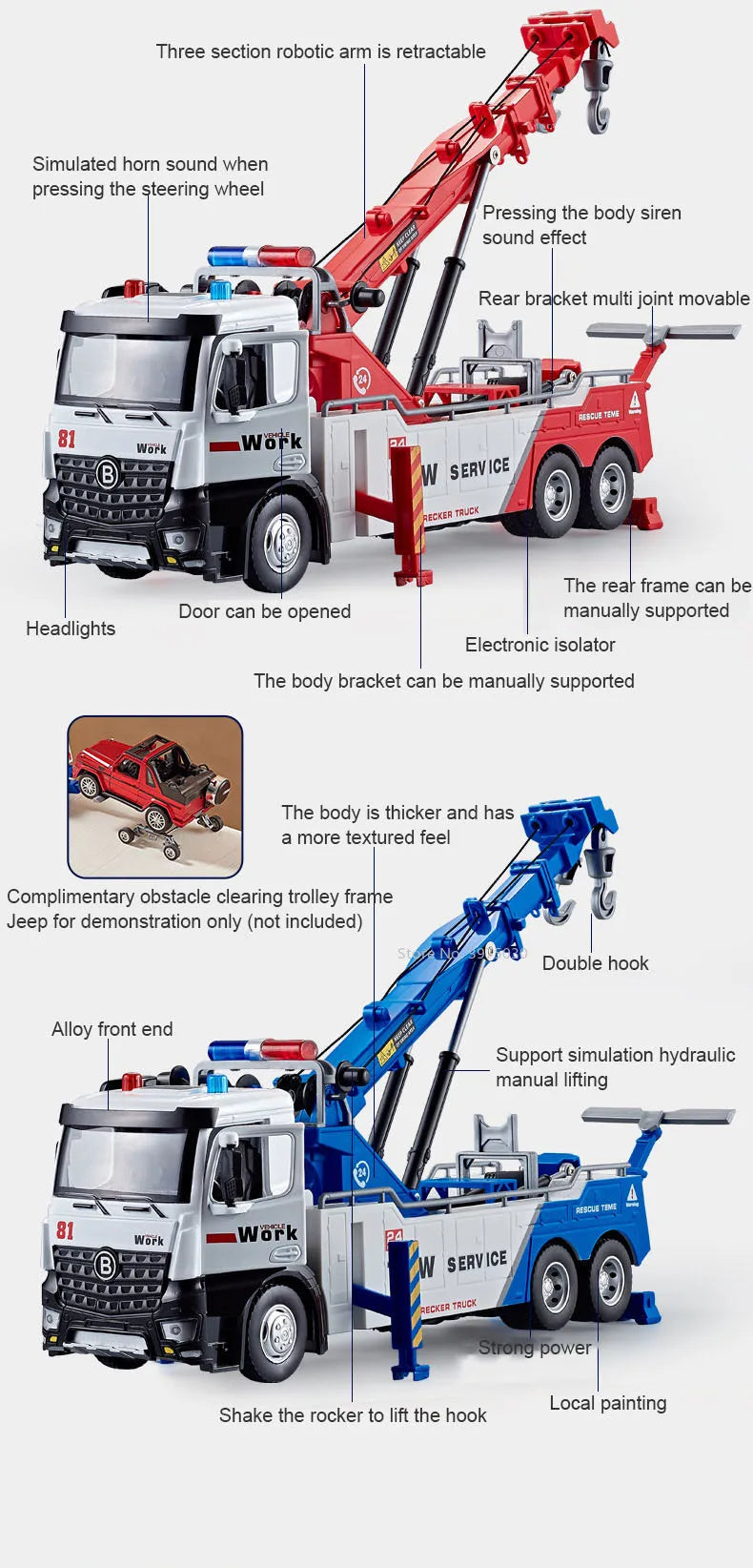 1/50 Scale Double Hook Rescue Crane Truck Alloy Model Toys Metal Diecast Engineering Vehicle Sound Light Gifts for Boys Birthday