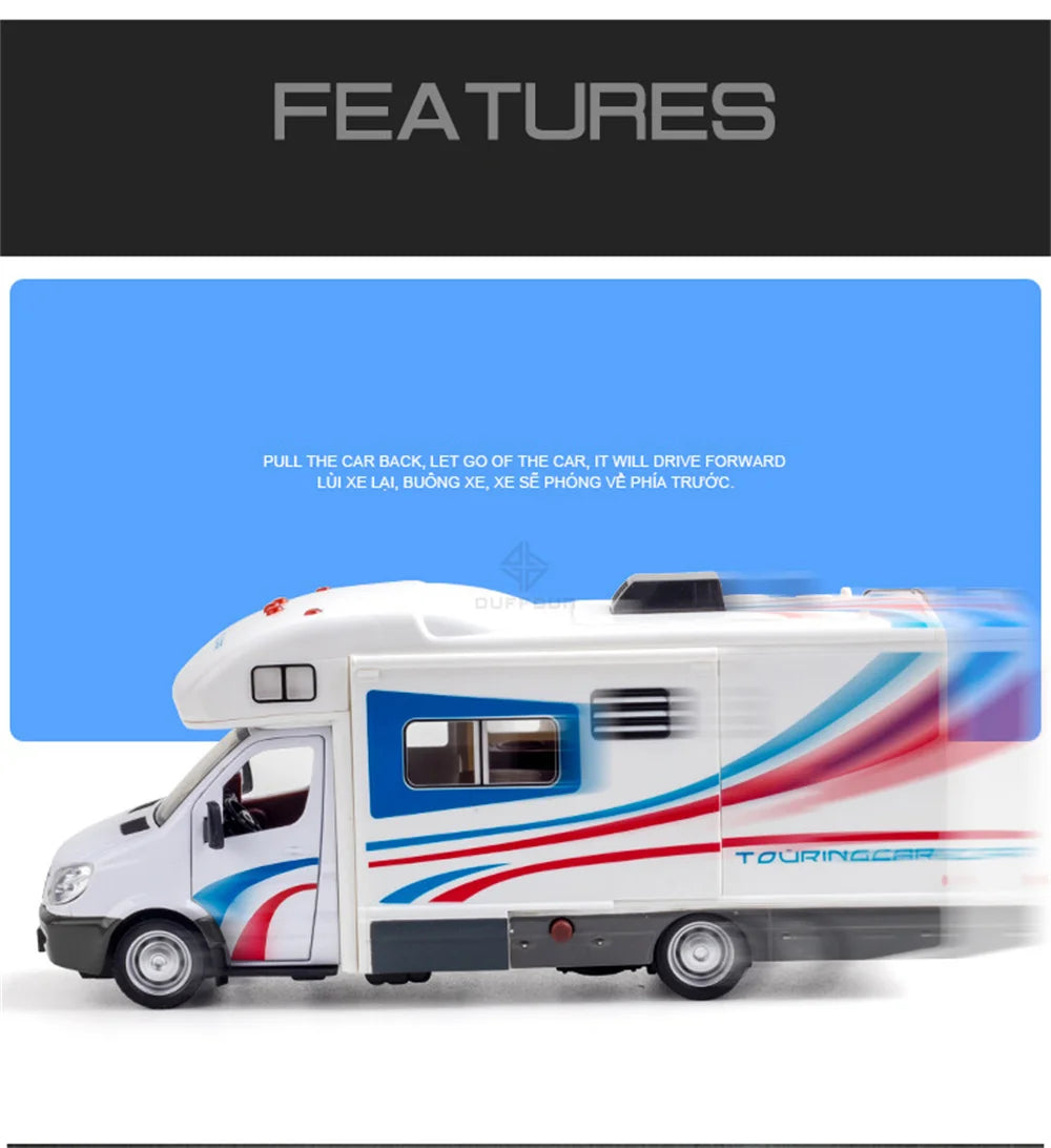 1:32 Alloy Diecast Touring Car Model Toys 3 Doors Opened Sound Light Campervan RV Trailer Vehicles s Toy Gift Collection