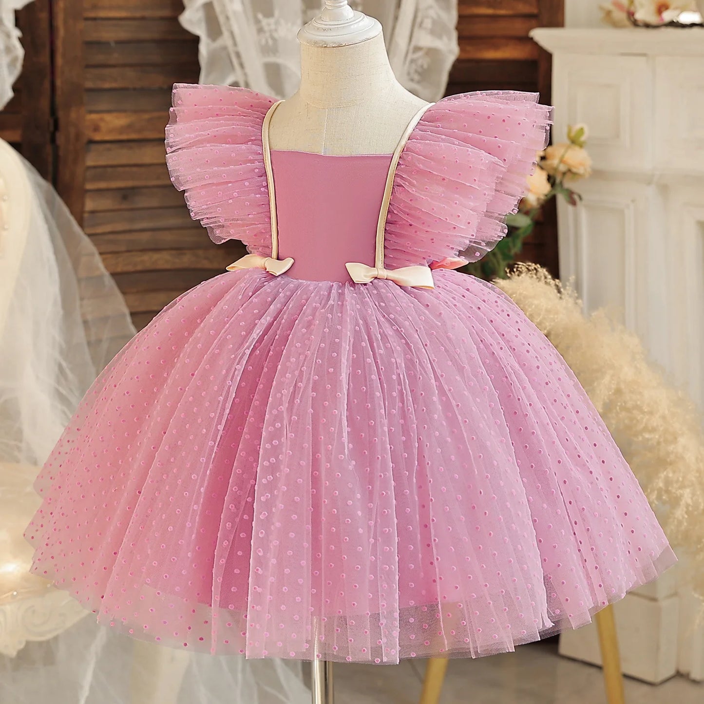 Girls Flying Sleeves Polka Dot Mesh Princess Dress Children Performance Fluffy Costume for Christmas New Year Party