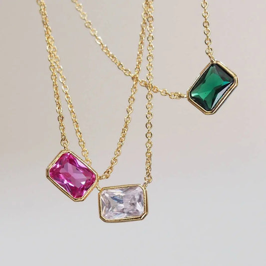 Simple Multicolour Zircon Crystal Rectangle Shape Pendant Necklace for Women Girls Stainless Steel Clavicle Chain Necklaces