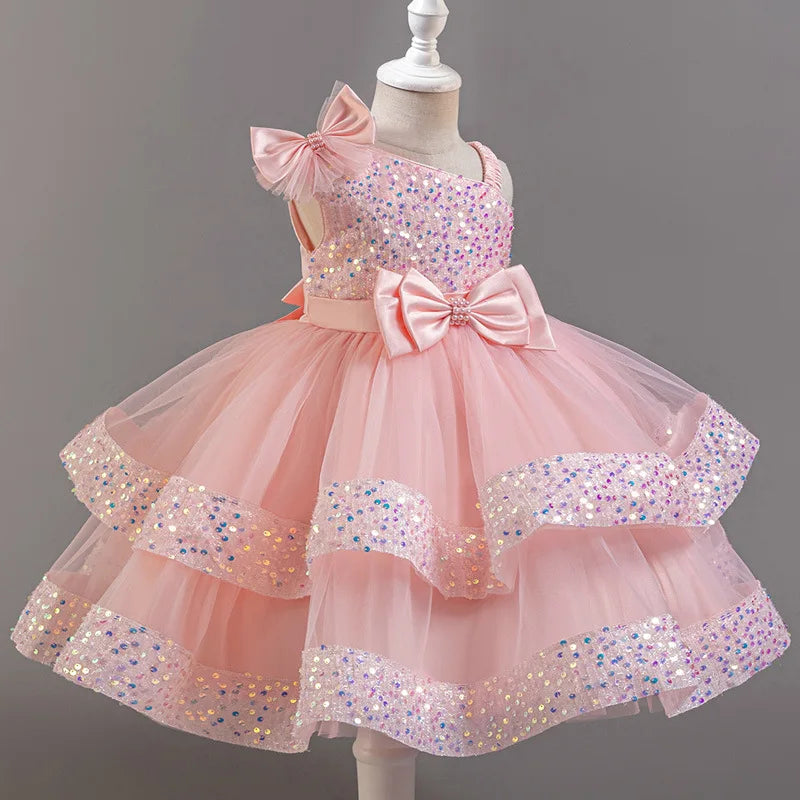 New Girls Sequin Tulle Cake Dress - Sparkling Layered Princess Gown for Baby‘s 1st Birthday & Banquet