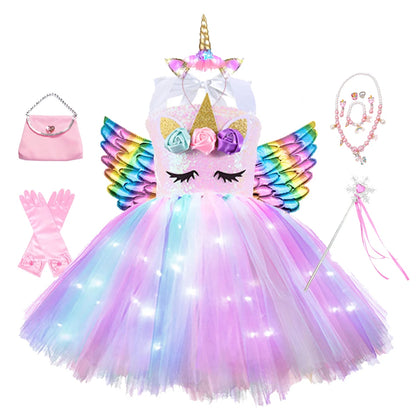 Girl Unicorn Dresses for Girls Tutu Princess Party Dresses with LED Lights Flower Birthday Party Cosplay Costume Girls Clothing