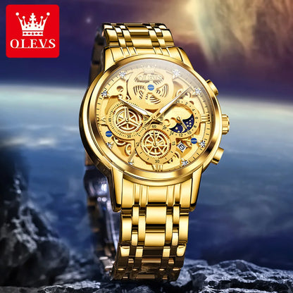 Stainless steel Skeleton Watch Waterproof Fashion Luxury Men Wristwatch Quartz Movement