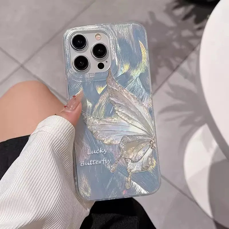 For iPhone 14 15 16 17 Pro Max Case Luxury Laser Silver Butterfly Phone Case for iPhone