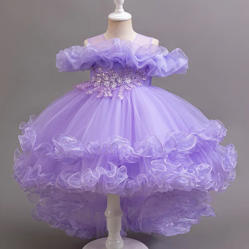 Luxury Off-Shoulder Girls' Dress - Convertible Tulle Ball Gown for Birthday Parties & On-Stage Events