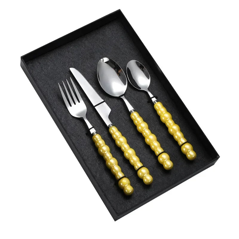 4Pcs Luxury Dinnerware Set Ceramic Pearl Handle Stainless Steel Spoon and Fork Set Western Silver Cutlery High-looking Tableware