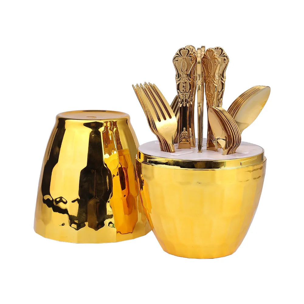 4pcs Gold Stainless Steel Cutlery Set Royal European Spoon Fork and Steak Knife Retro Hollow Design Dinnerware Luxury Tableware