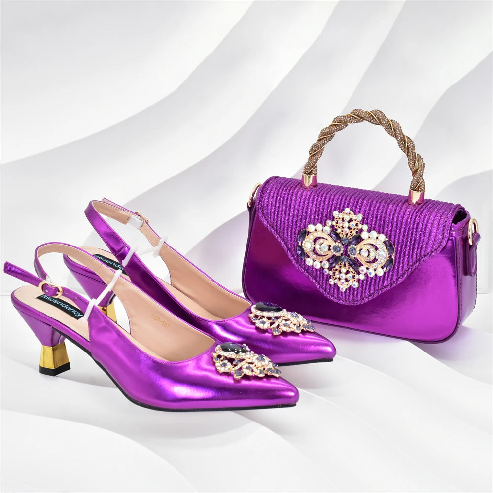 Latest Party Shoes and Bags To Match for Nigerian Luxury Pointed Toe Shoes with Rhinestones Party Ladies Shoes and Bag Set