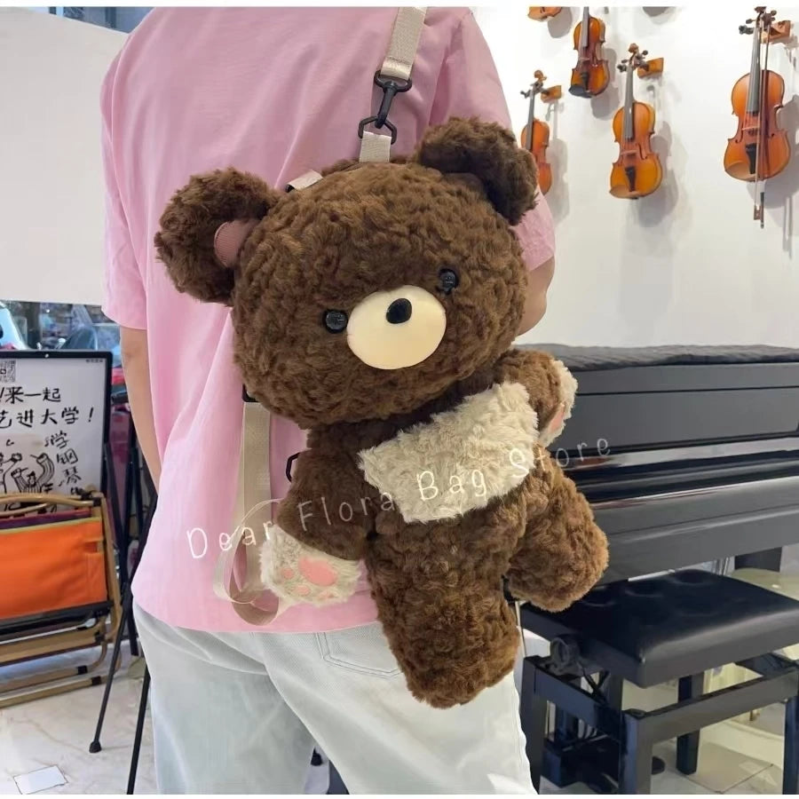 Y2K Cute Brown Bear Plush Backpack Soft Shoulder Bag
