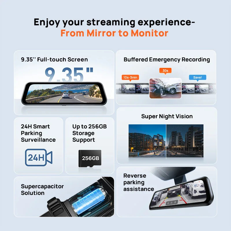 Rearview Dash Cam S410 9.35" Touch Screen Mirror Dash Cam – Dual Channel 1440P HDR Front & Rear Car DVR with WiFi, Night Vision, G-Sensor