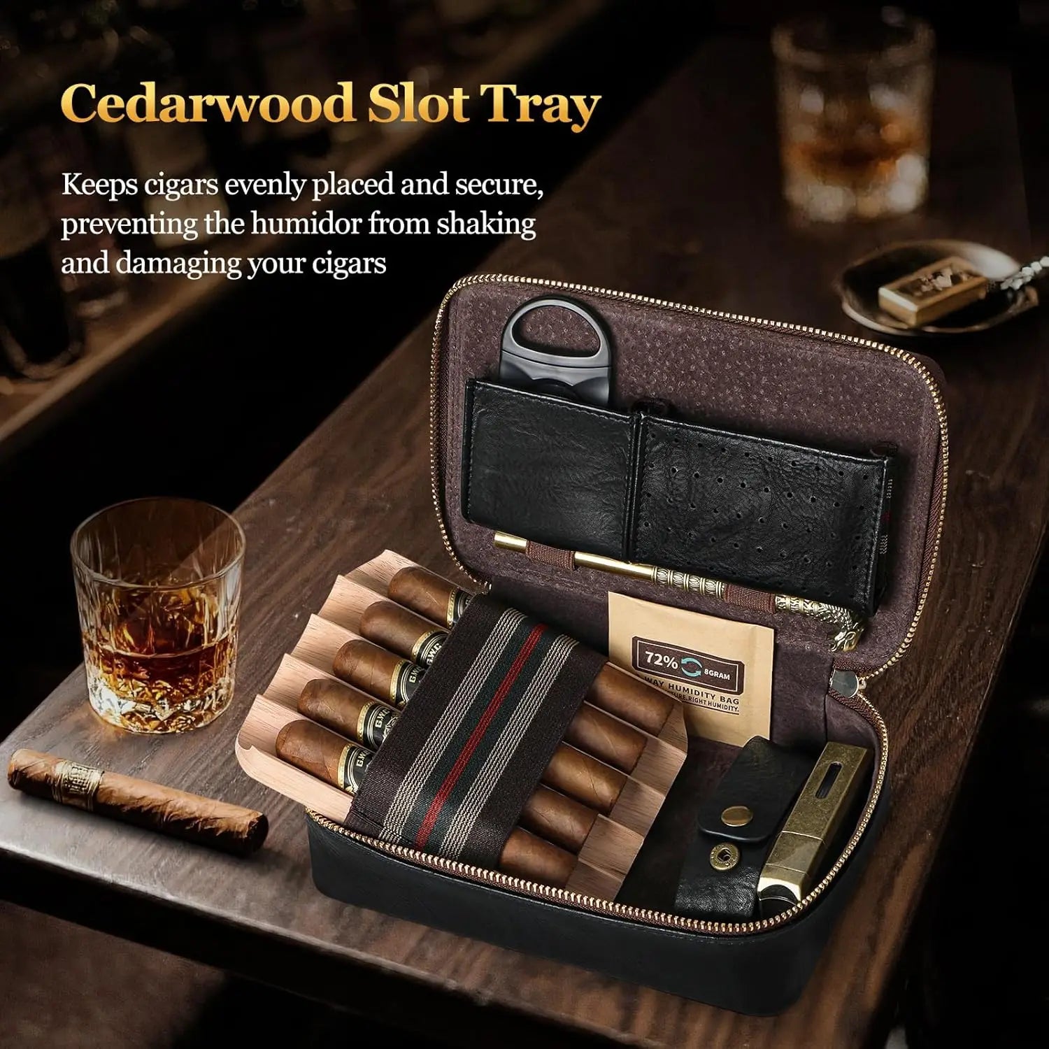 Cigar Humidor, Leather Travel Cigar Humidor, Include Cedar Wood Slot Tray, Cigar Draw Enhancer and Multifunction Cigar Cutter