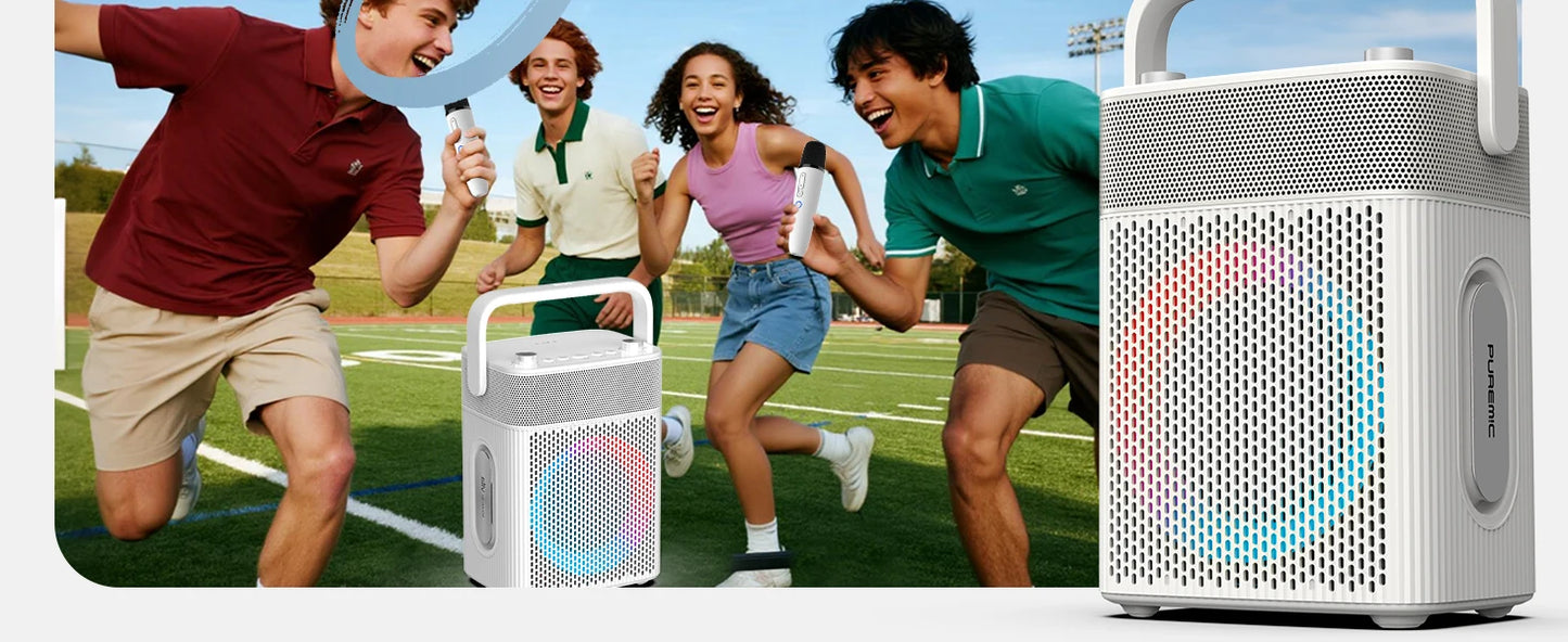Portable Karaoke Machine with 2 UHF Wireless Microphones, Bluetooth Speaker with Leather Bag, IPX4 Waterproof, 18H Playtime, Extra Bass Sound