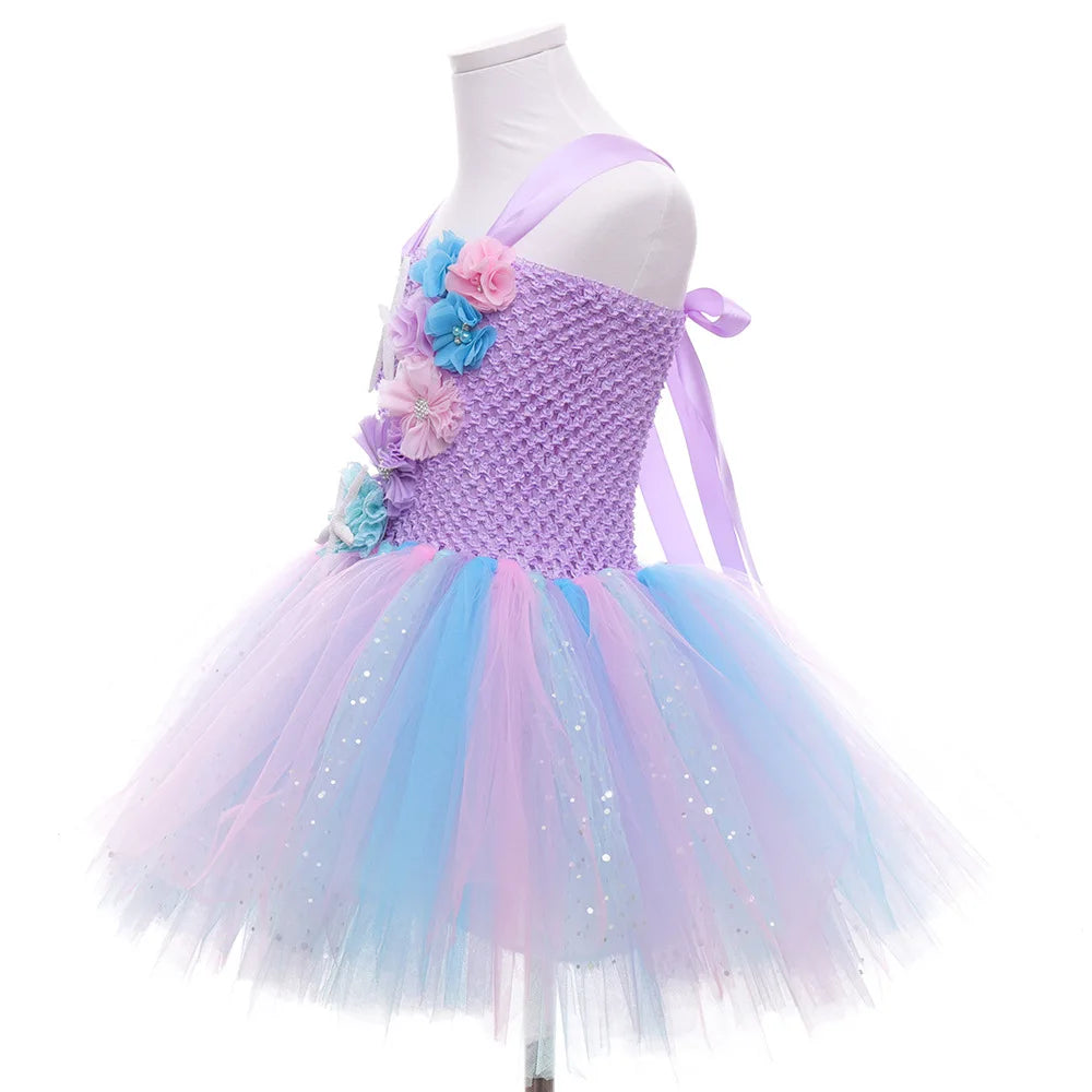 Pastel Mermaid Princess Tutu Dress with Flower Headband Party Costume