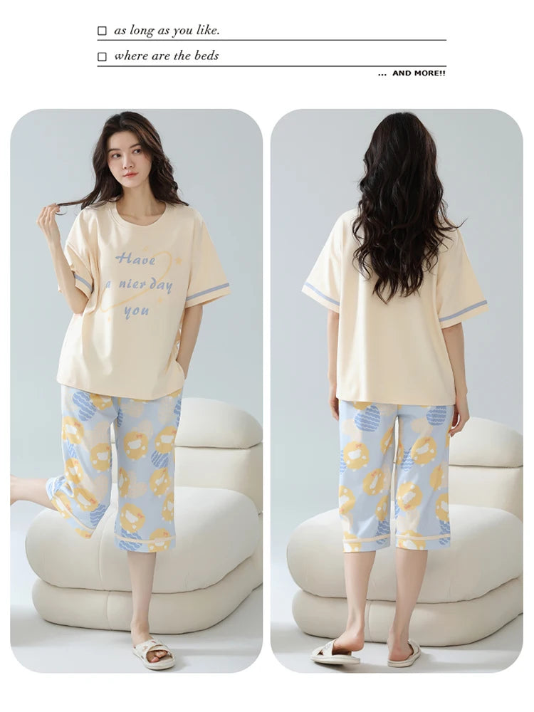 2-Pcs Women’s Cotton Pajama Set – Breathable Short Sleeve Summer Sleepwear with Cute Prints
